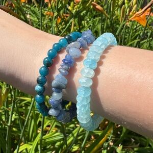New Apatite & Quartz Stretch Stone Blue and Teal Beaded Bracelet Set of 3